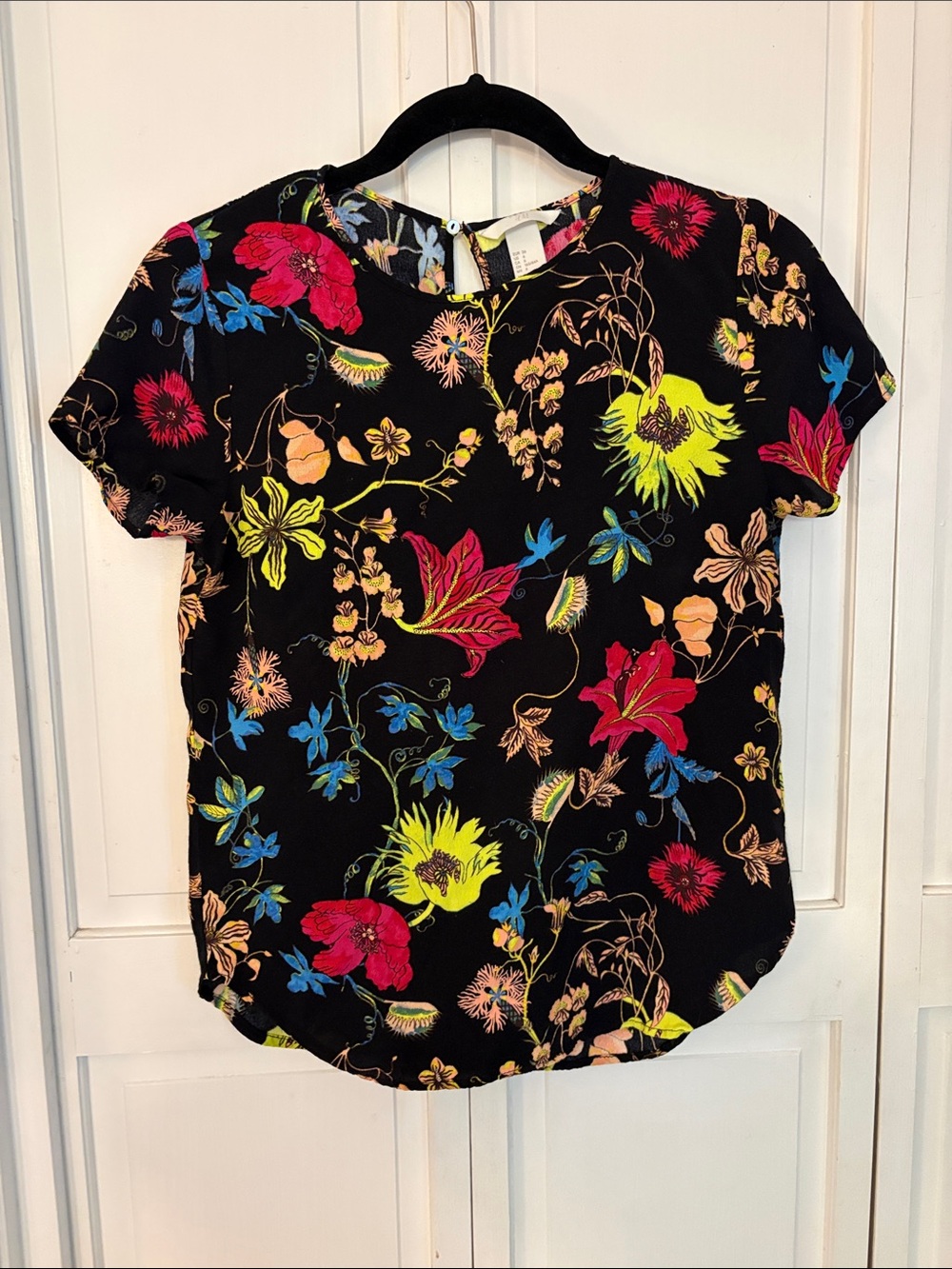 H&M Black Floral Short-Sleeve Blouse with Neon Accents